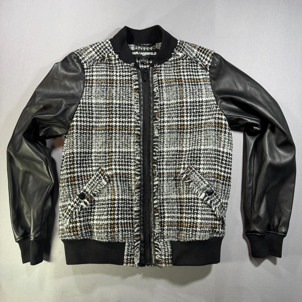 Karl Lagerfeld Paris Tweed Plaid Faux Leather Bomber Jacket XS Black White Grey